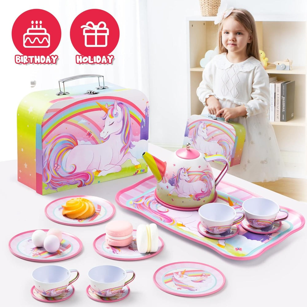 Pink Unicorn Tin Tea Set in Carry Case with Teapot, Four Cups, Four Saucers and Five Plates
