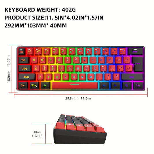 60% Mini Wired Gaming Keyboard SNPURDIRI RGB Backlit Ultra-Compact Film Keys – Space-Saving Tenkeyless Design for PC Gamers, Desktop & Laptop, Black Red Color Options