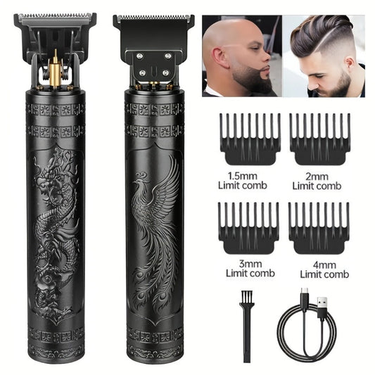 Hair Clipper Cordless USB-Rechargeable Set with Adjustable Blade, Four Guide Combs and Three Style Options