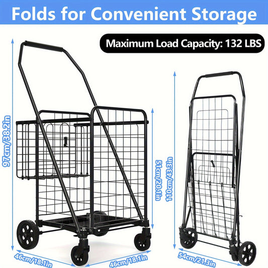 Folding Grocery Cart on Wheels Heavy Duty 132 LBS Capacity, Double Basket Shopping Cart for Groceries Laundry Foldable Utility Cart