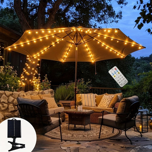 Solar Patio Umbrella Light 104 LED – 8 Modes Remote Control Outdoor Market Umbrella Lamp | Solar Powered Warm White Light for Backyard, Deck, Poolside, Beach, Garden & Camping | Battery Included