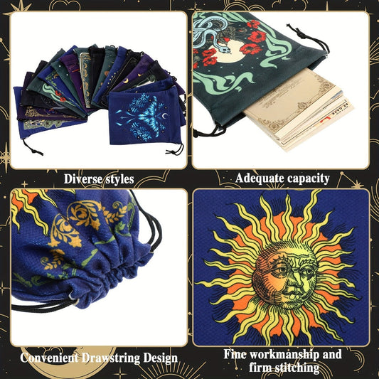 Velvet Tarot Card Bags 16 Pcs Mystical Drawstring Pouches 7.1x5.9 Inch - Dice Jewelry Storage Bag Set for Tarot Enthusiasts, Witchcraft Supplies, Halloween Christmas Gift, Crystal Pouch Organizer