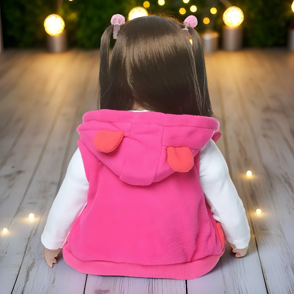 Open-Eye 24-Inch Girl Doll with Long Dark Hair, Pink Vest, Spotted Outfit and Plush Companion