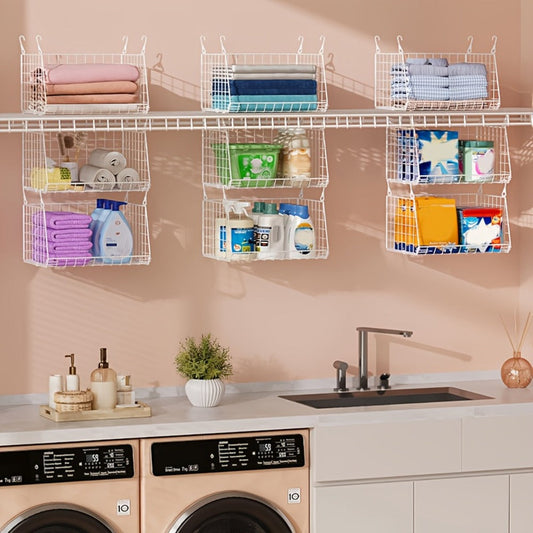 Hanging Laundry Basket Organizer 3pcs - Foldable Laundry Bag with 360° Rotating Hook for Washing Machine & Drying Rack, Space Saving Metal Mesh Laundry Hamper for Bathroom, Laundry Room | Black & White