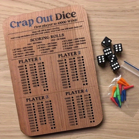 Crap Out Dice Score Board Game 2pcs – 10 Inch Wooden Dice Scoreboard with 6 Dice & 12 Scoring Pegs, Fun Family Dice Game for 1-4 Players, Party Game Night & Gatherings