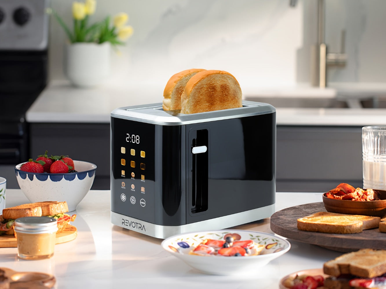 Black Two-Slice Toaster with LED Touch Panel, Six Bread Modes, Six Shade Settings and Removable Crumb Tray