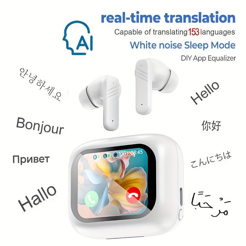 In-Ear AI Translation Earbuds with Color Screen Charging Case in Black or White Finish Options