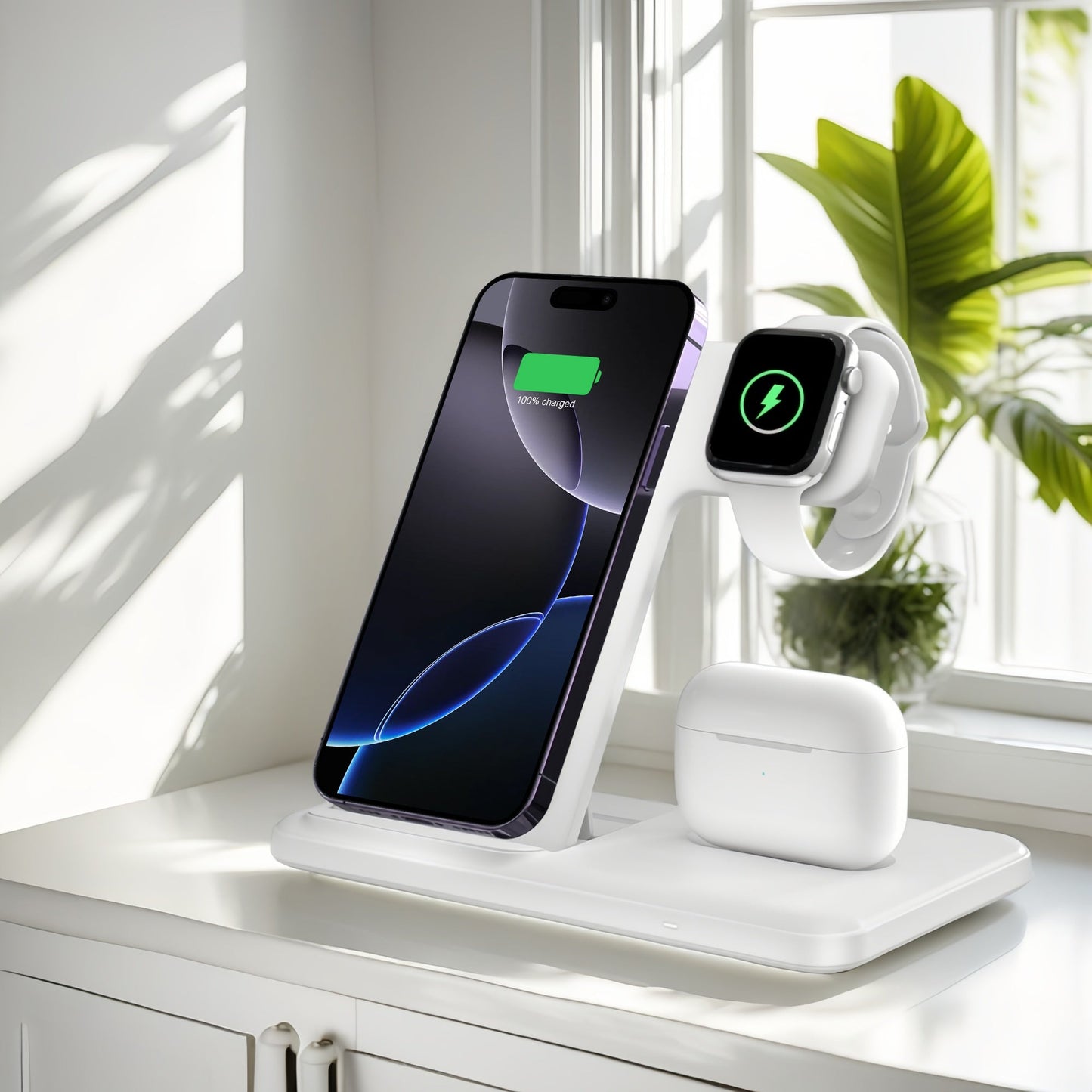 Wireless Charging Station, USB-C 3-in-1 Upright Dock for iPhone, Apple Watch and AirPods Models