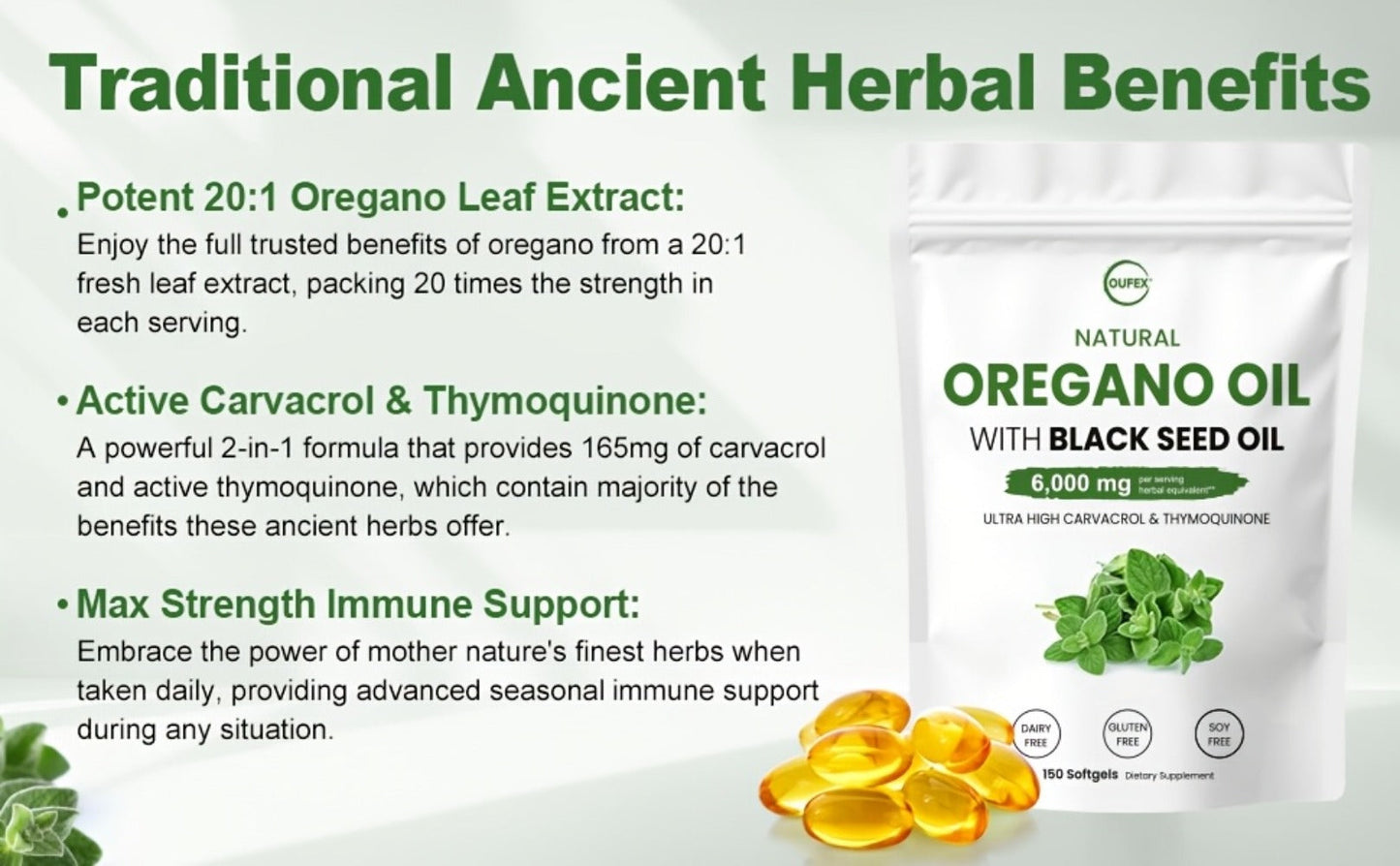 Dietary Supplement Oregano Oil and Black Seed Oil Softgels with Carvacrol and Thymoquinone, 150 Count