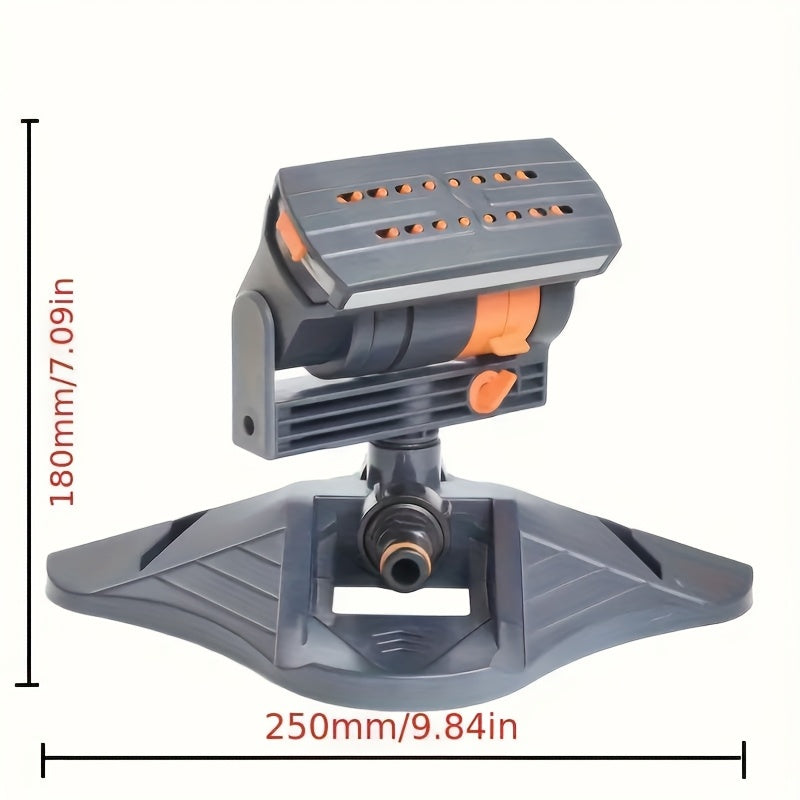 Gray 360-Degree Rotating Garden Sprinkler Head with Adjustable Dual Spray Bars and Pictured 9.84-Inch Base
