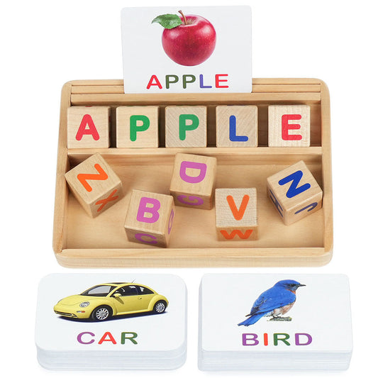 Phonics Word Builder Kit 110+ CVC Flash Cards 10 Letter Blocks Wooden Tray Spelling Matching Game | Learn to Read Toy for Preschool Kindergarten Homeschool Kids Ages 3-6 | Educational Birthday Gift