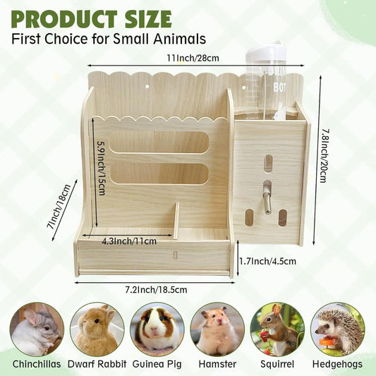 Hay Feeder Box for Rabbits & Guinea Pigs – Recycled Wood Multi-Compartment Dry Food Dispenser with Grass & Veggie Holders | Natural Wood Small Pet Feeding Station for Chinchillas & Small Animals