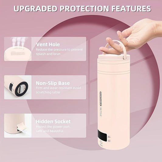 Travel Electric Kettle Mini Portable – Small Water Boiler with 4 Temperature Settings, 304 Stainless Steel, Auto Shut-Off & Boil-Dry Protection, BPA-Free Compact Tea Coffee Kettle with Leather Sleeve – Pink, Black, White