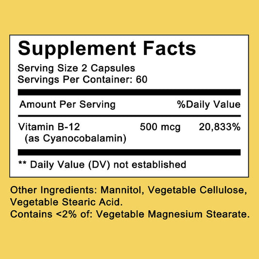 Vitamin B12 500mcg Capsules 120 Count for Women Men – Supports Energy Nervous System Cardiovascular Health Nutrient Absorption Daily Vitality Premium Formula Dietary Supplement