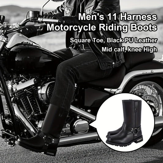 Men's Motorcycle Boots 11" Harness – PU Leather Non-Slip Square Toe Mid-Calf Biker Boots, Abrasion Resistant All-Season Riding Boots, Sizes US 8 to US 14, Black