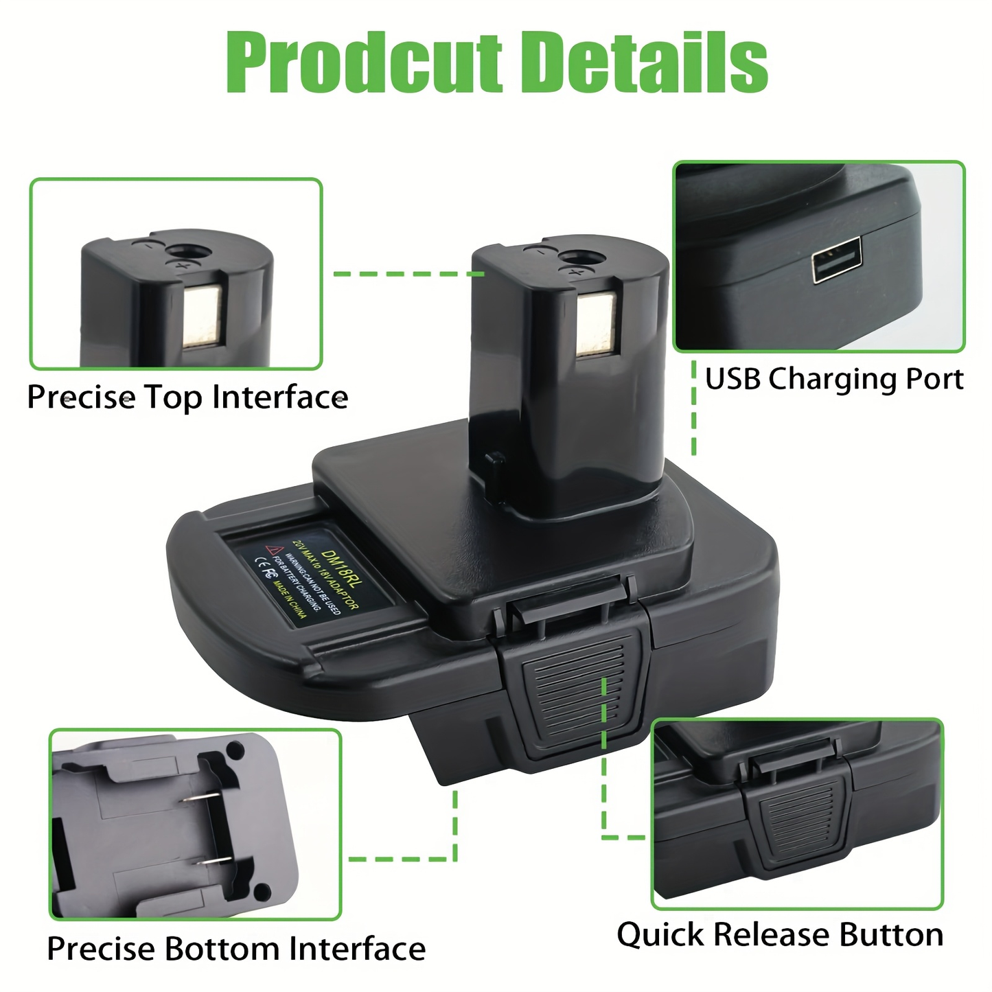 150W Power Inverter Adapter for RYOBI-Style 18V Battery Interface with AC Outlet, Dual USB and LED Light