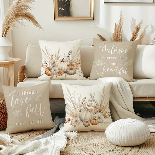 Throw Pillow Covers 18x18 Set of 4 Boho Wildflowers Fall Autumn Pumpkin Harvest Farmhouse Rustic Cushion Cases for Couch Sofa Living Room Porch Patio Outdoor Decor