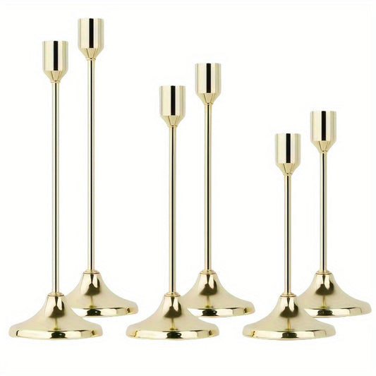 Metal Candlesticks Set of 6 – Taper Candle Holders for Wedding Centerpiece, Christmas, Halloween, Thanksgiving, Hanukkah, Easter & Romantic Candlelight Dinner Table Decor, Assorted Sizes, 3 Finishes