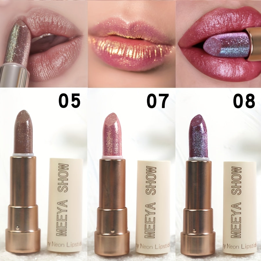 Three-Piece Glitter Shimmer Lipstick Set with Pearlescent Pink-Gold Finish for Party and Stage Makeup