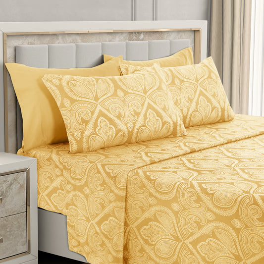 Bed Sheet Set 6-Piece Paisley Brushed Microfiber with 16-Inch Pocket and Six Size Families