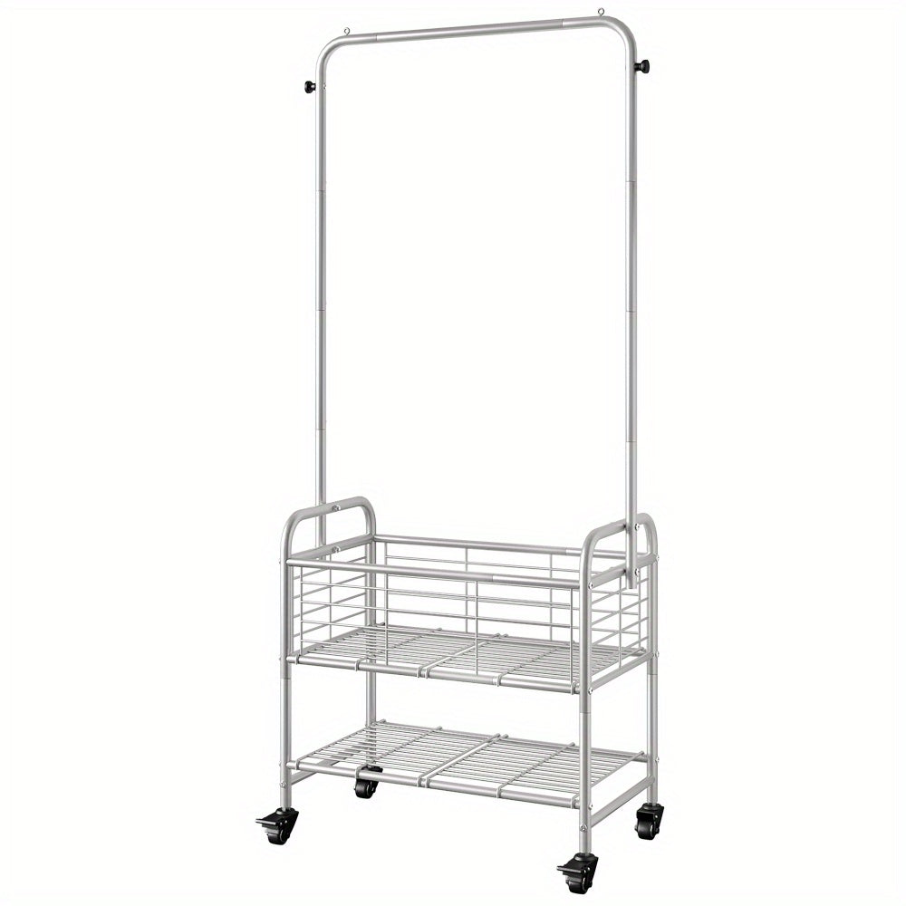 Rolling Laundry Basket Cart with 70.25-Inch Hanging Rail, Two Shelves, Four Casters and White, Black or Silver Frames