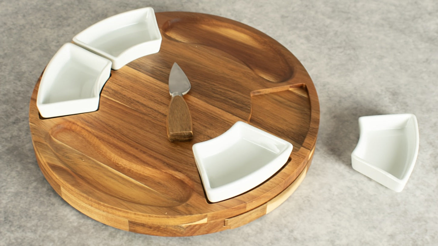 Round 13-Inch Wood-Look Charcuterie Board Set with Four White Bowls, Utensil Drawer and Serving Tools