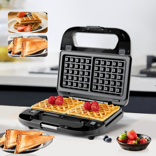 Sandwich Maker 3-in-1 Panini Press & Waffle Iron 750W with Removable Non-Stick Plates, Dishwasher Safe, Compact for Dorm, RV & Travel