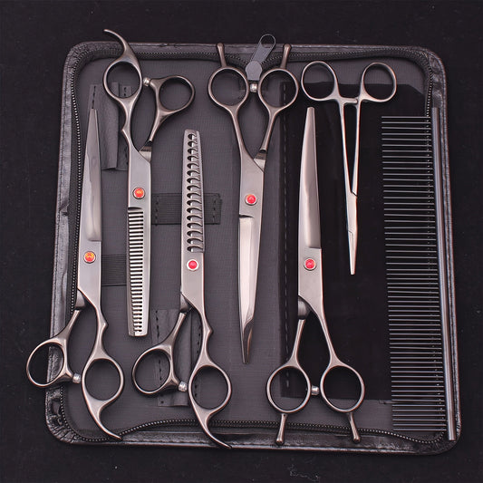 Dog Grooming Scissors Set 7 Piece - Japanese Stainless Steel Cutting Thinning Chunker Shears with Pet Comb for All Breeds