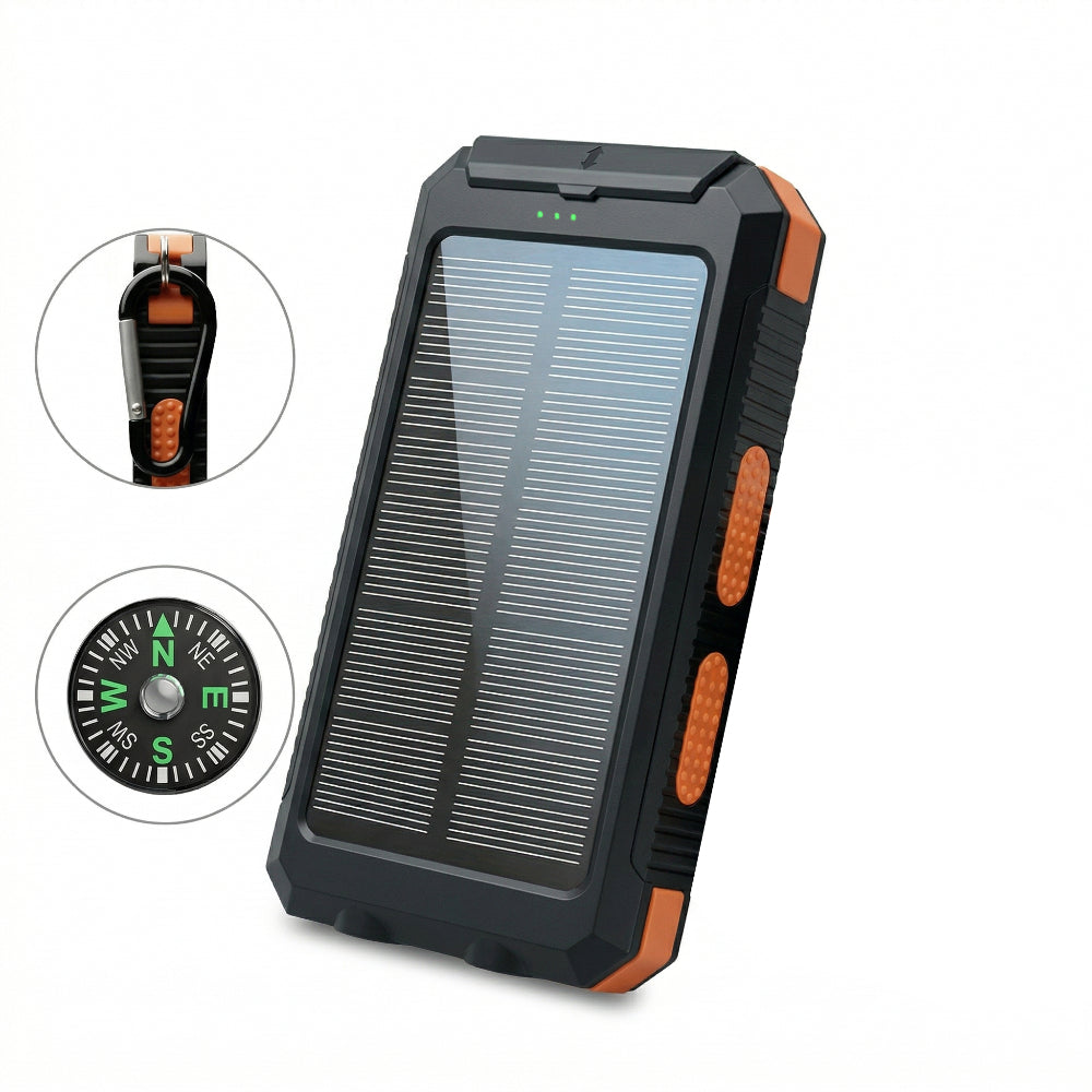 Power Bank Solar 20000mAh with Dual USB, LED Flashlight, Compass and Black or Orange Shell