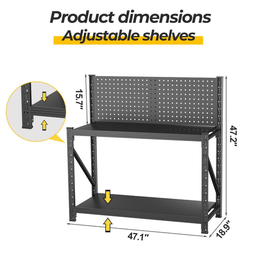 Workbench with Pegboard 47" Metal Craft Table, Adjustable Shelves & Tool Storage, Heavy-Duty Garage Organizer Work Desk for Workshop Welding 47.2"H×47"W×19"D