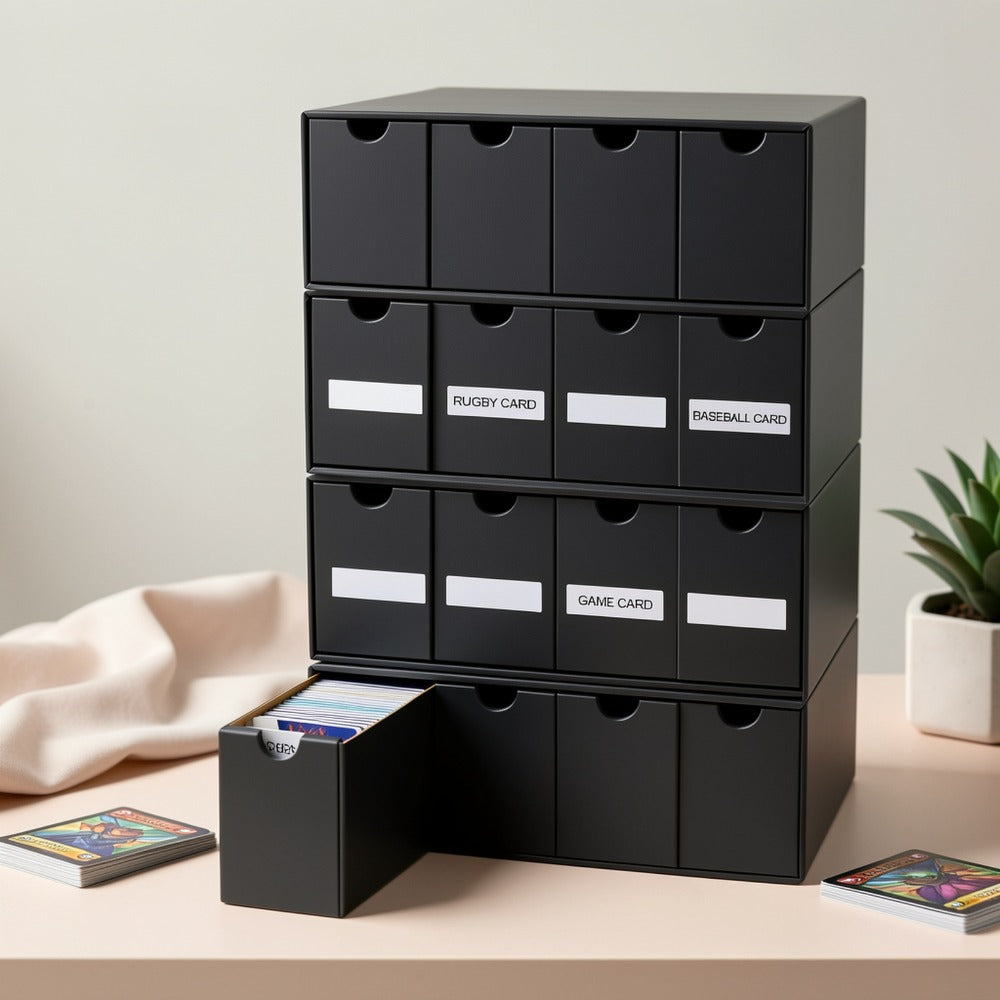 Four-Row Cardboard Trading Card Organizer Set with 16 Inner Boxes, 70 Dividers and Label Stickers