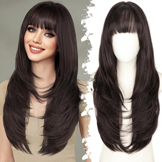 Curtain Bangs Lace Front Wig Synthetic Glueless 26 Inch Long Straight Pre-Bleached Realistic Scalp Natural Hairline 5 Colors Daily Wear Women