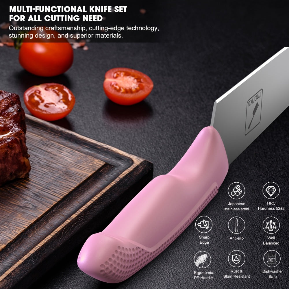 Kitchen Knife Set by imarku, 14-Piece Pink Stainless Steel Block with Six Steak Knives, Shears and Built-In Sharpener
