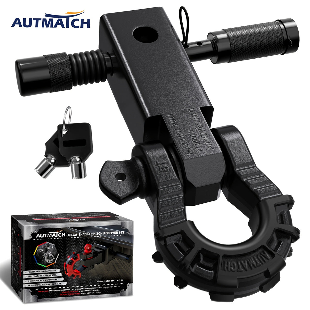 Shackle Hitch Receiver 2-Inch 68,000 lb Break Strength with 3/4" D-Ring & 5/8" Hitch Lock Pin – Heavy Duty Drop Forged Steel 8-Ton Vehicle Recovery Tow Hitch, Multi-Color