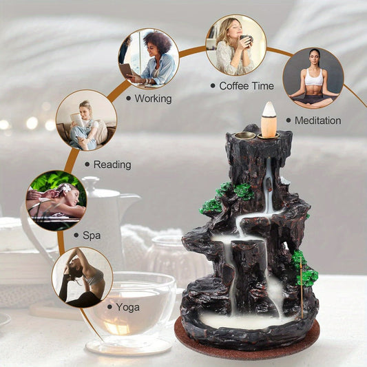 Backflow Incense Burner Waterfall Smoke Effect 2-Side Incense Holder with 120 Backflow Cones 30 Incense Sticks Aromatherapy Ornament for Home Decor Meditation Yoga Relaxation Stress Relief