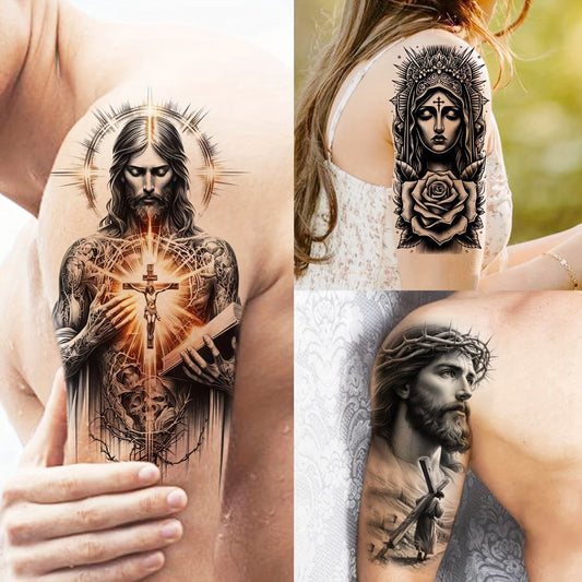 Christian Temporary Tattoos 68 Sheets Bulk Set | God Jesus Faith Prayer Peace Tribal Lion Eye Quote Designs | Waterproof Fake Tattoo Stickers for Men Women Adults | Half Arm Sleeve Body Art Pack