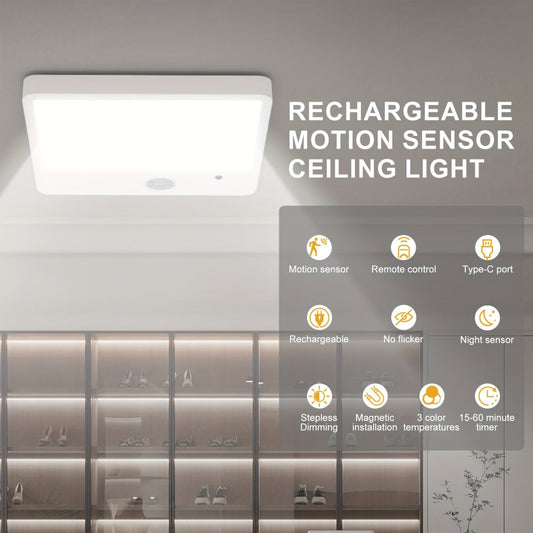 Wireless LED Ceiling Light Motion Sensor Rechargeable Battery Powered 3 Color Temperatures Remote Control No Wiring Closet Light for Bathroom Staircase Garage Hallway Kitchen Pantry White 1 or 2pcs
