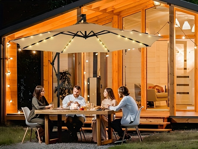 Solar Patio Umbrella 10FT Offset Cantilever LED Lights UPF50+ UV