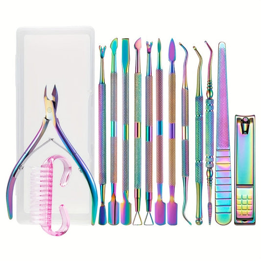 Nail Tech Kit 15pcs Professional Stainless Steel – Cuticle Nipper & Pusher Nail File Gel Polish Remover Complete Manicure Pedicure Tools with Storage Box, Salon & Home Nail Care Set Gift for Nail Technicians