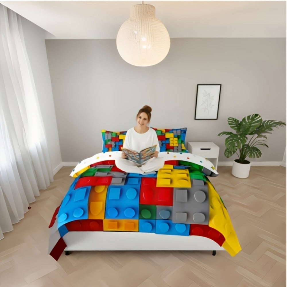 Building Block Duvet Cover Set with Multicolor Brick Print, Zipper Closure and Twin to King Sizes