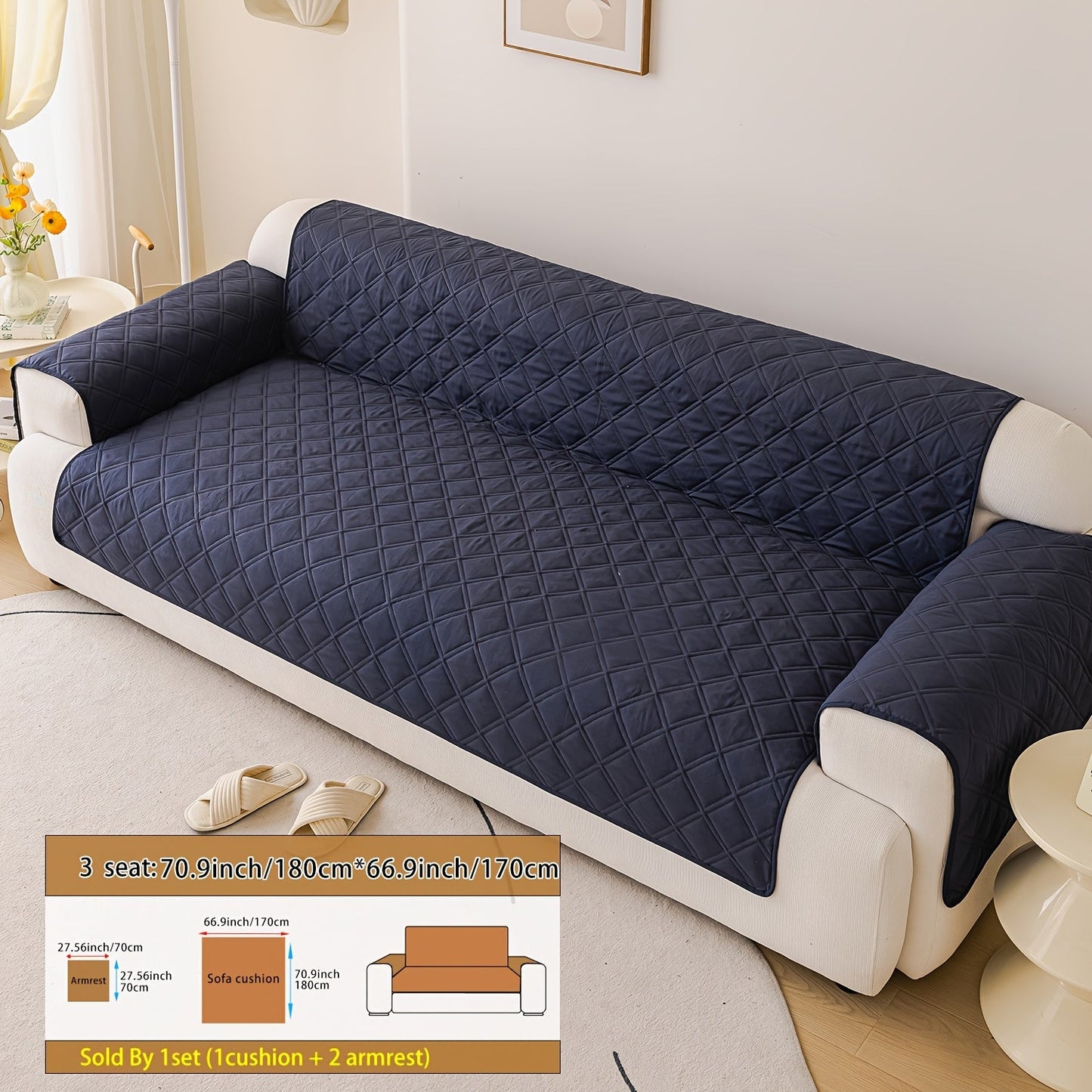 Sofa Cover Three-Piece Soundwave Embossed Set with Sofa Panel, Two Armrest Covers and Anti-Slip Mat