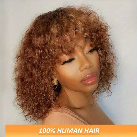 Human Hair Bob Wig Curly Water Wave Glueless Short Wig with Bangs – 150% Density Ombre Brown Auburn 12 Inch, Beginner Friendly Natural Hairline Daily Wear & Special Occasions