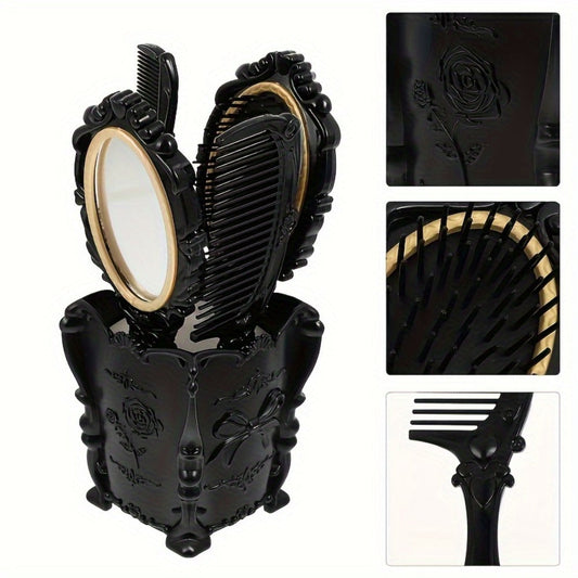 Retro Hair Comb Set with Mirror Scalp Massage Hairbrush Pocket Mirror Vintage Vanity Brush Set for Women Girls Travel Daily Grooming Makeup Gift Black