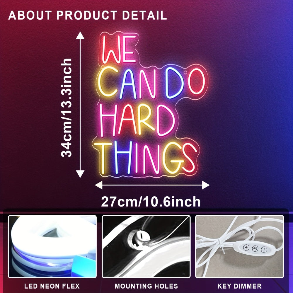Neon Sign We Can Do Hard Things – Dimmable LED Wall Art, USB Powered, Vibrant Colors, Inspirational Bedroom Decor for Classroom Birthday Party Aesthetic Backdrop, 13.3x10.6 In