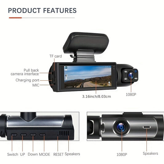 Dual Dash Cam 1080P Front and Inside Car Camera with IR Night Vision, WiFi, Loop Recording, Wide Angle DVR – Optional 2" / 3.16" Screen, No Card / 32GB / 64GB Memory Card