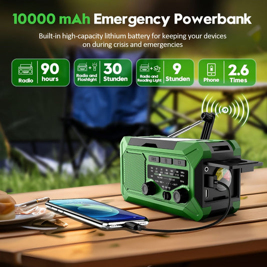 Emergency Radio Hand Crank Solar USB 3-Way Charging AM FM with 10000mAh Power Bank, SOS Alarm, LED Flashlight, Reading Light, Thermometer, Compass for Family Home Survival Kit