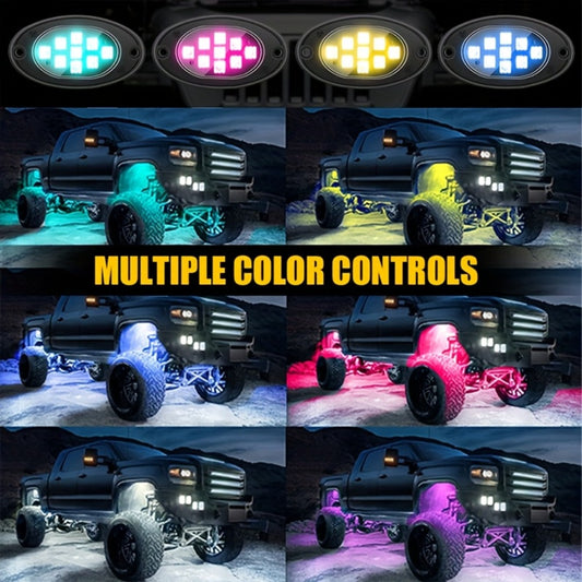 RGB Rock Lights Kit for Trucks & Cars, Sound-Activated LED Underbody Lights with APP & Remote Dual Control, 9 Large Beads Multicolor Chassis Neon Footwell Lighting for Pickup Off-Road
