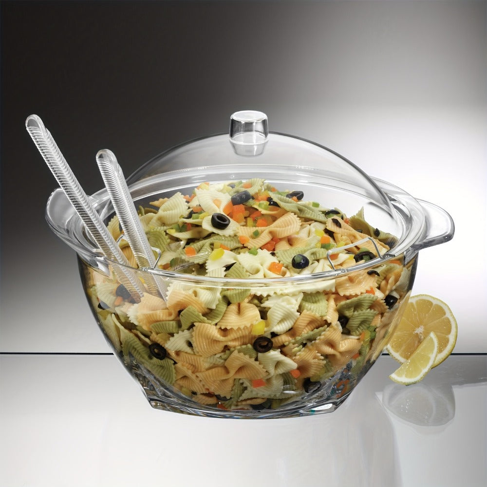 Stainless-Style Salad Bowl Set with Lid, Serving Spoons and Ice-Chiller Base for Buffet or Picnic Display