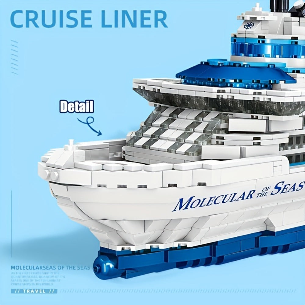 2428-Piece Cruise Ship Building Block Model with Black Display Stand, Lifeboats, Chimneys and Ocean-Liner Deck