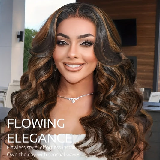 200% Density Lace Front Wig Human Hair Brown Highlights Long Wavy Pre-Plucked Glueless Heat Friendly Black Brown Highlighted Wig 12 14 16 18 32 Inch for Women